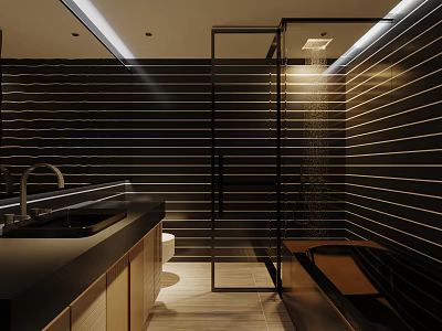 Modern Bathroom Interior With Black And Gold Striped Walls Glass Shower And Black Countertop Vanity 3d model