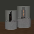 Two Transparent Glass Fireplaces With Gray Concrete Base Stones And Burning Flames On Wooden Table