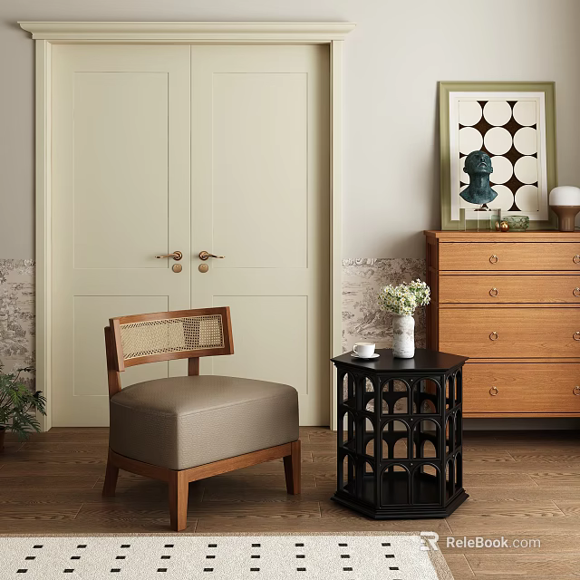 Modern Entryway Cabinet And Side Cabinet With Woven Chair And Decorative Table 3d model 