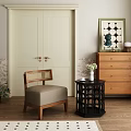 Modern Entryway Cabinet And Side Cabinet With Woven Chair And Decorative Table