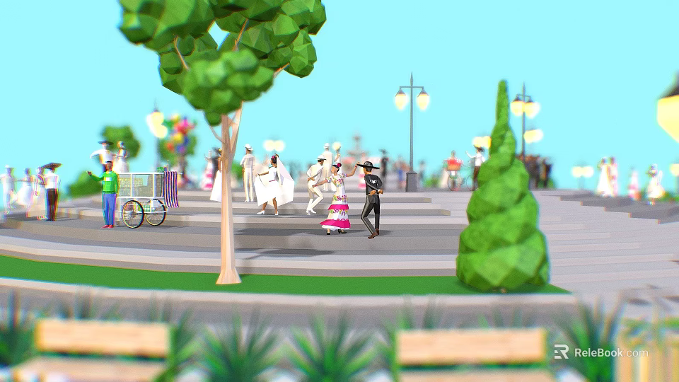 White Robes Black Hats And Pink Striped Dresses In Outdoor Square 3d model 