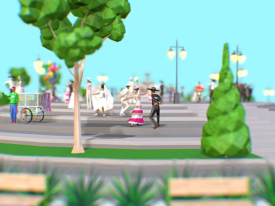 White Robes Black Hats And Pink Striped Dresses In Outdoor Square 3d model