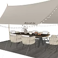 Stylish Outdoor Table Setup With Canopy String Lights And Decorative Chairs 3d model