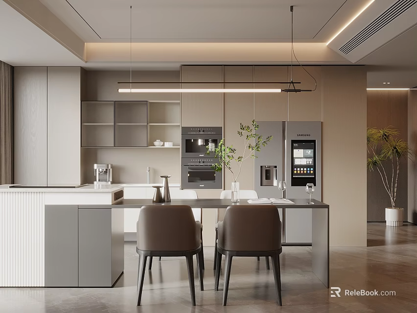 Modern Restaurant Open Kitchen Interior With Island Counter Cabinets And Pendant Lights 3d model 