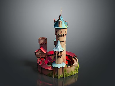 Cartoon Castle Scene With Blue Spire Brown Tower And Green Base 3d model