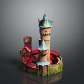 Cartoon Castle Scene With Blue Spire Brown Tower And Green Base