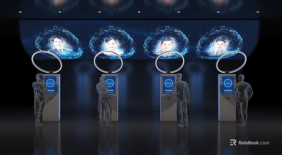 Innovative Holographic Tech Installation With Blue Rings Human Images And Interactive Screens 3d model 
