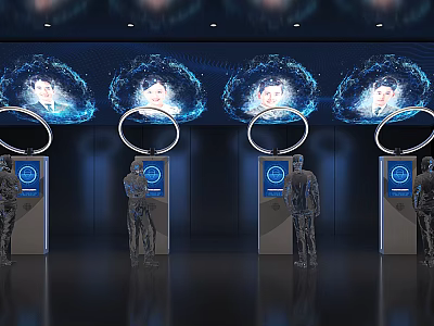 Innovative Holographic Tech Installation With Blue Rings Human Images And Interactive Screens 3d model