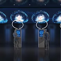Innovative Holographic Tech Installation With Blue Rings Human Images And Interactive Screens