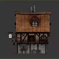 Whimsical Medieval Cottage 3D Model With Brown Tiled Roof Wooden Structure And Chimney