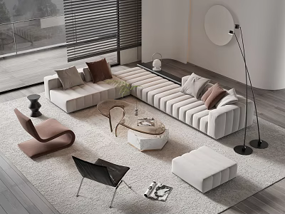 Modern L Shaped Sofa Coffee Table Set With Cushions Ottoman Floor Lamp And Rug 3d model