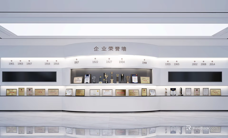 Elegant Enterprise Honor Wall Interior Displaying Awards Trophies And Years 3d model 