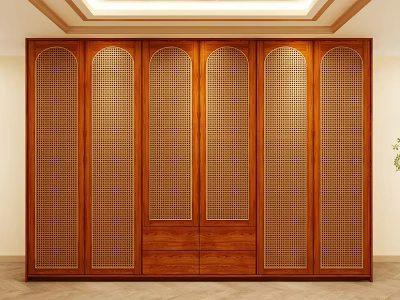 Wooden Wardrobe With Six Panel Doors And Lattice Design For Elegant Interior 3d model