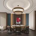Luxurious Private Dining Room Interior With Round Table Chandelier Red Artwork And Sofa 3d model