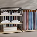 Modern Storage Rack With Stacked Bed Sheets Pillows And Hanging Colorful Fabrics