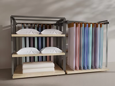 Modern Storage Rack With Stacked Bed Sheets Pillows And Hanging Colorful Fabrics 3d model