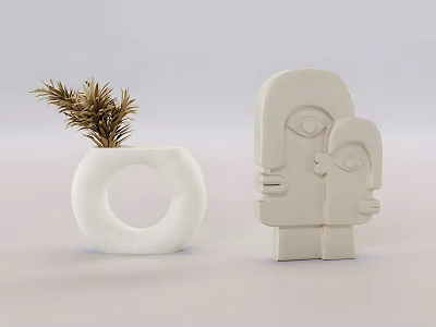 Minimalist Ornamental Decor Set With Circular Vase Dried Plant And Face Sculpture 3d model