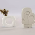 Minimalist Ornamental Decor Set With Circular Vase Dried Plant And Face Sculpture