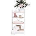Multilayer Shelf Unit With Green Plant White Bowl Woven Basket And Folded Towel