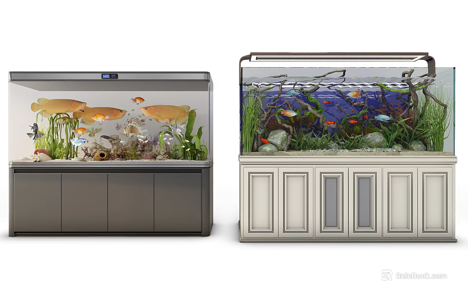 Stylish Fish Tank Aquarium With Colorful Fish Aquatic Plants Rocks And Modern Cabinets 3d model 