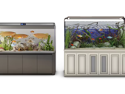 Stylish Fish Tank Aquarium With Colorful Fish Aquatic Plants Rocks And Modern Cabinets 3d model
