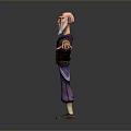 3D Cartoon Character With Bald Head Red Markings Purple Outfit Yellow Sleeves Black Belt Standing