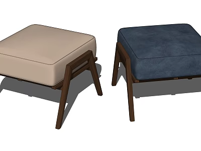 Modern Upholstered Ottoman Stools With Beige And Navy Blue Seats And Wooden Legs 3d model