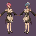 Anime Maid Characters with Pink Blue Hair in Frilled Outfits White Stockings and Black Shoes