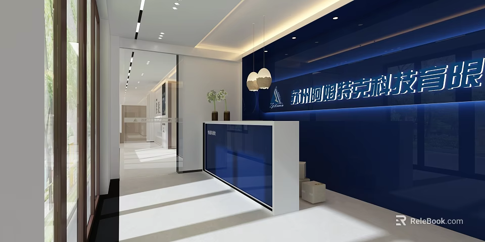 Modern Office Corridor Featuring Blue Wall Reception Desk Hanging Pendant Lights And Glass Door 3d model 