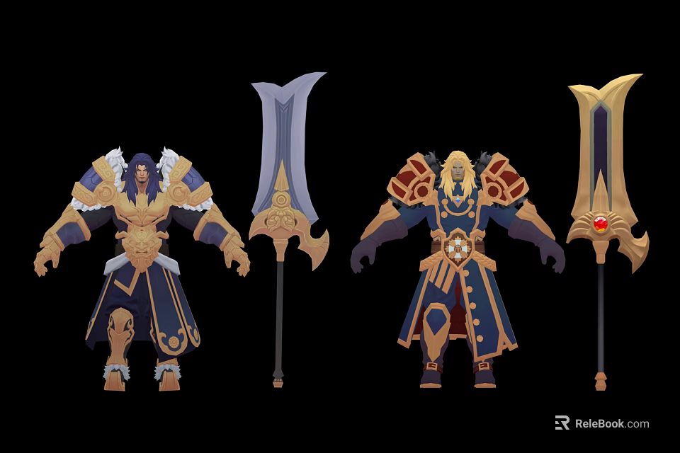 Two Characters in Ornate Gold and Blue Armor With Large Decorative Weapons 3d model