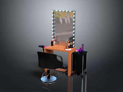 Stylish Dressing Table with Lighted Mirror and Comfortable Chair on Wooden Tabletop with Cosmetics 3d model