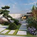Overhead View Lush Courtyard Garden Landscape With Greenery Water Features Paved Paths And Seating Areas