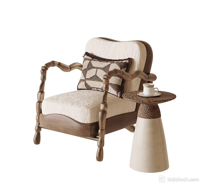 Vintage Solid Wood Upholstered Leisure Chair With Side Table And Comfortable Decorative Throw Pillow 3d model 