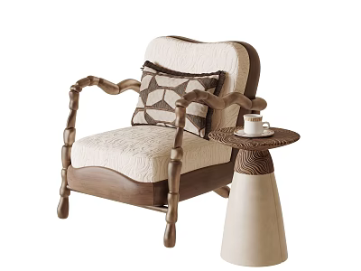 Vintage Solid Wood Upholstered Leisure Chair With Side Table And Comfortable Decorative Throw Pillow 3d model