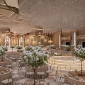 Opulent Banquet Hall With Crystal Chandeliers Decorative Arches And White Floral Arrangements