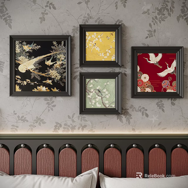 Multiple Abstract Paintings In Different Colored Frames With Bird Flower Motifs On Wall 3d model