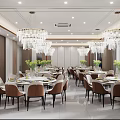 Elegant Modern Banquet Hall Interior With Crystal Chandeliers Dining Tables Green Plants And Large Windows
