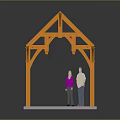 Orange Wooden Frame Structure Model Display With Two Standing Figures On Platform 3d model
