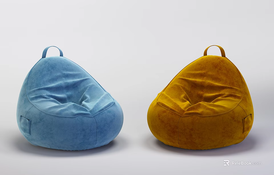 Modern Blue and Yellow Bean Bag Chairs with Soft Fabric and Comfortable Seating 3d model 