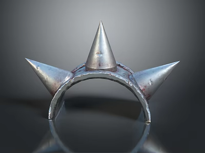 Metallic Spiked Object with Three Sharp Spikes Worn Bloodstained Surface On Reflective Base 3d model