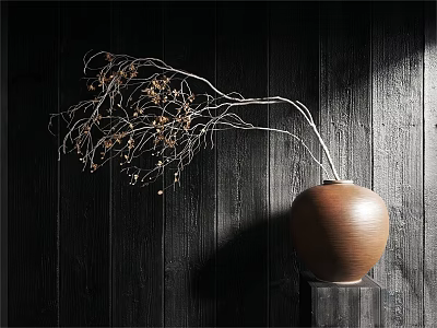 Brown Ceramic Vase With Dried Branches And Fruits On Dark Wooden Shelf With Light Contrast 3d model