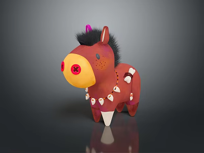 Stuffed Donkey Toy With Red Nose Brown Body Black Mane And White Bone Ornaments 3d model