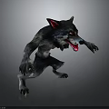 Fantasy Wolf Like Creature With Black Fur Red Ears Open Mouth Aggressive Stance 3D Design