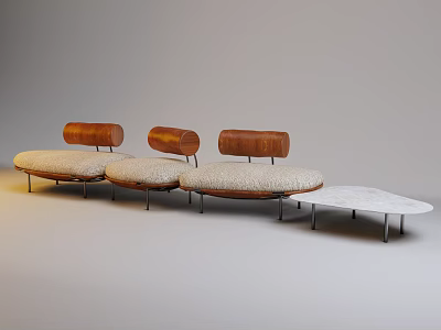 Modern Multi Seat Sofa With Wooden Backrests Light Cushions Metal Legs And Oval Coffee Table 3d model