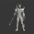 3D Model Of Armored Character With Red Horns White Armor And Weapon