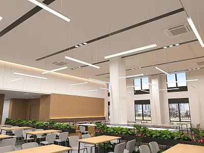 Modern Restaurant Interior Design With Wooden Tables Green Plants Hanging Lights And Large Windows 3d model