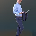 A Man In Blue Shirt And Pants Holding Tablet And Carrying Suit Jacket