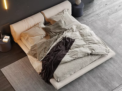 Modern Double Bed Interior With Beige Headboard Brown Bedding And Gray Rug 3d model