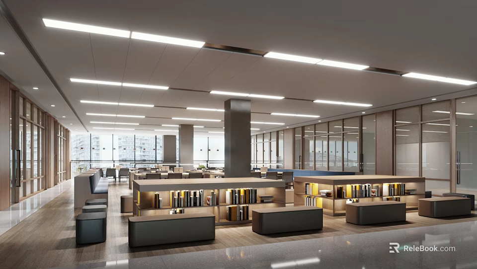 Modern Library Interior With Bookshelves And Seating 3d model