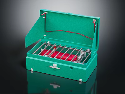 Green Storage Box With Metal Grid Rack And Red Items Inside For Daily Use 3d model